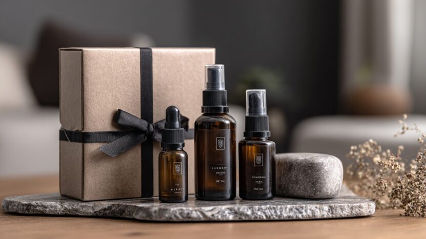 Brown gift box with black ribbon placed beside amber glass skincare bottles on a stone tray