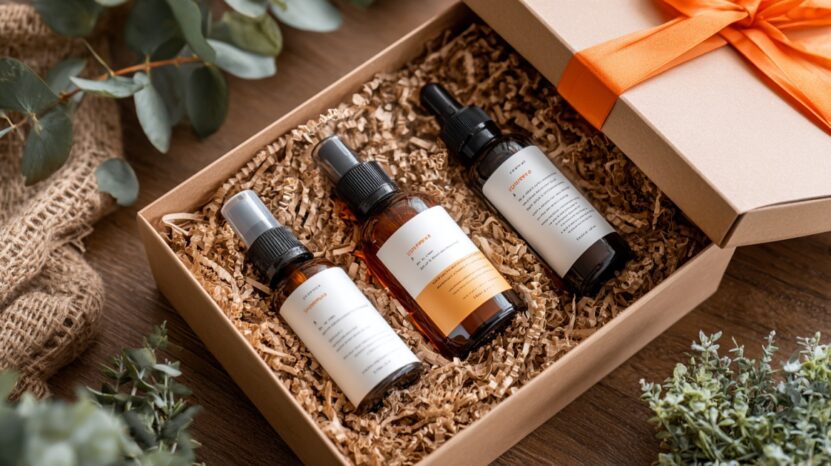 Skincare gift set with amber bottles in a kraft box filled with shredded paper and tied with an orange ribbon