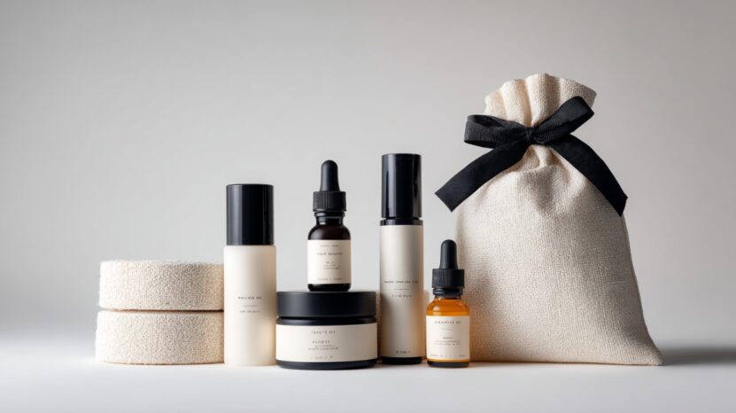 Elegant skincare gift set with bottles, jars, and droppers arranged beside a fabric pouch tied with a black ribbon