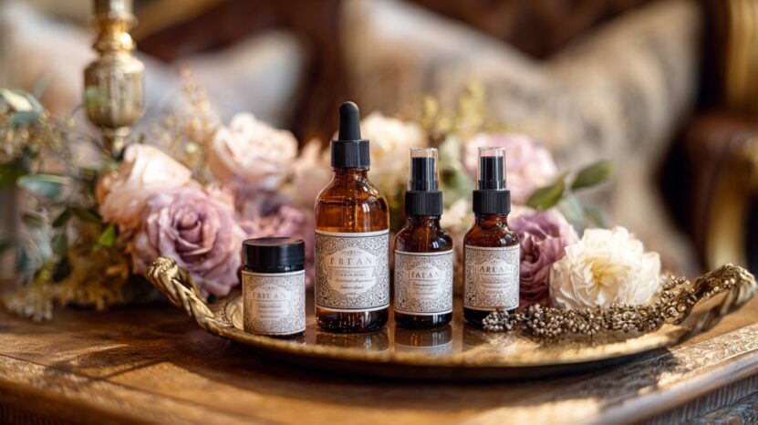 Amber glass skincare bottles and jar on a golden tray, styled with pastel roses and soft floral décor