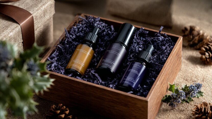 Wooden gift box with skincare bottles in amber and purple packaging, nestled in shredded paper with rustic holiday decor around